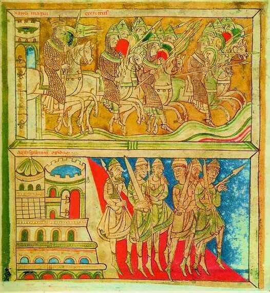 Codex Calixtinus 的一頁彩繪（12 世紀，公有領域，來源 Wikimedia Commons）。