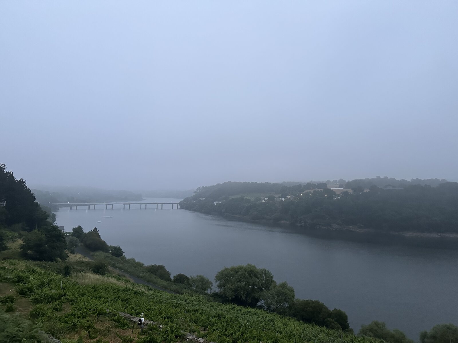 霧裡的水庫和橋