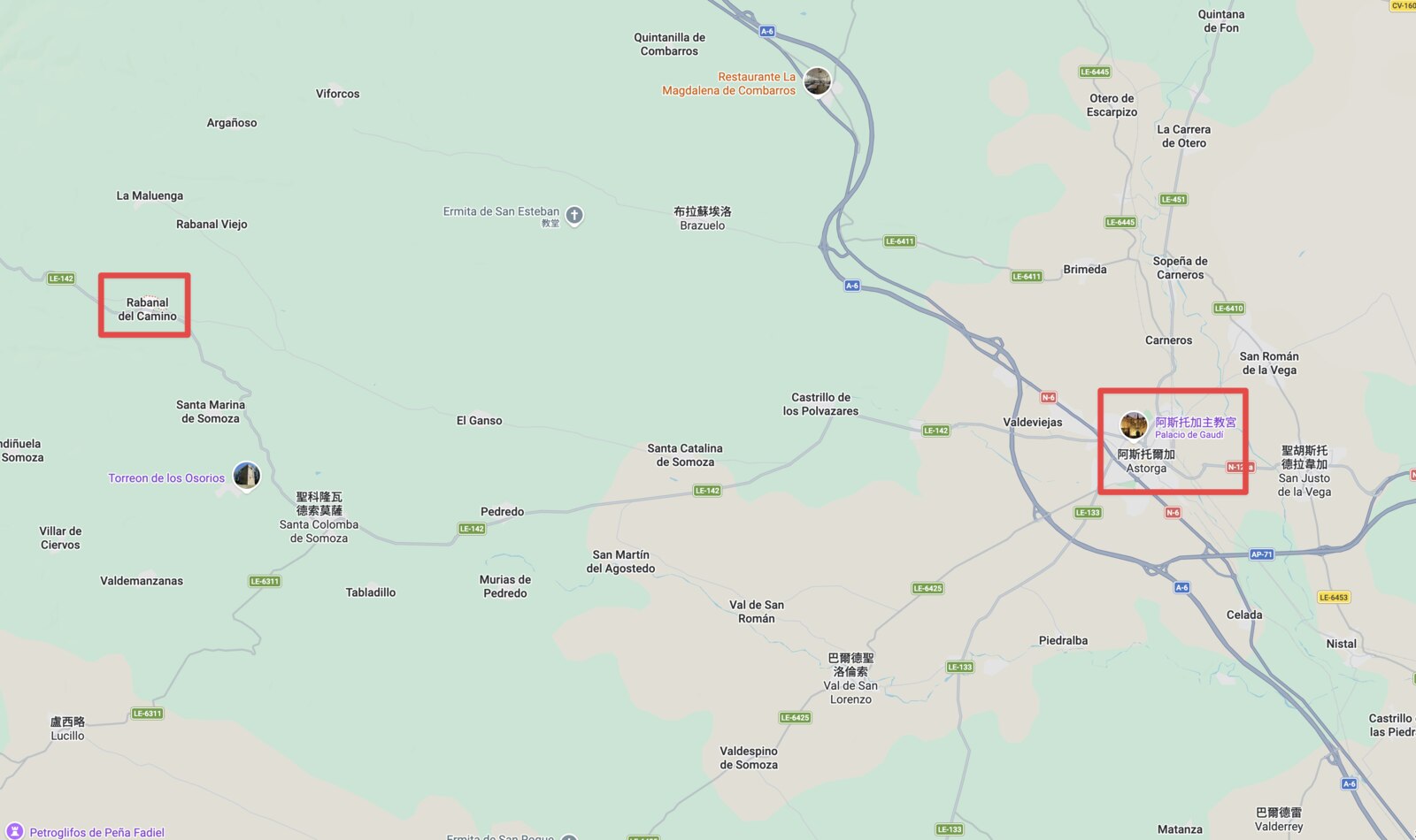 今天的路線：從右邊的 Astorga 往西走到左邊的 Rabanal del Camino，中途會經過 Santa Catalina de Somoza 和 El Ganso 兩個小鎮。