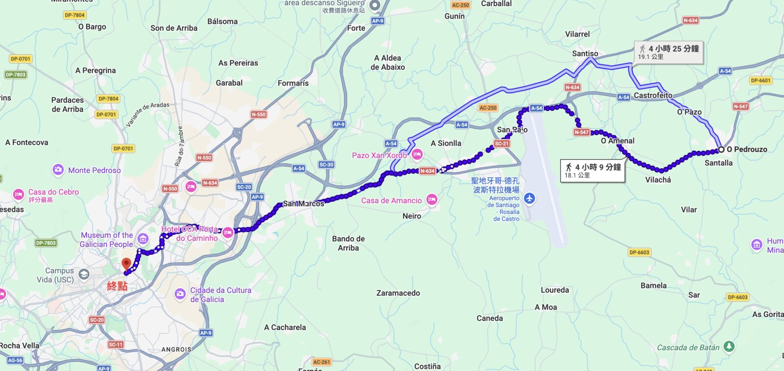今天的路線:從右邊的 O Pedrouzo 往西走到左下角的終點 Santiago de Compostela,18.1 公里。