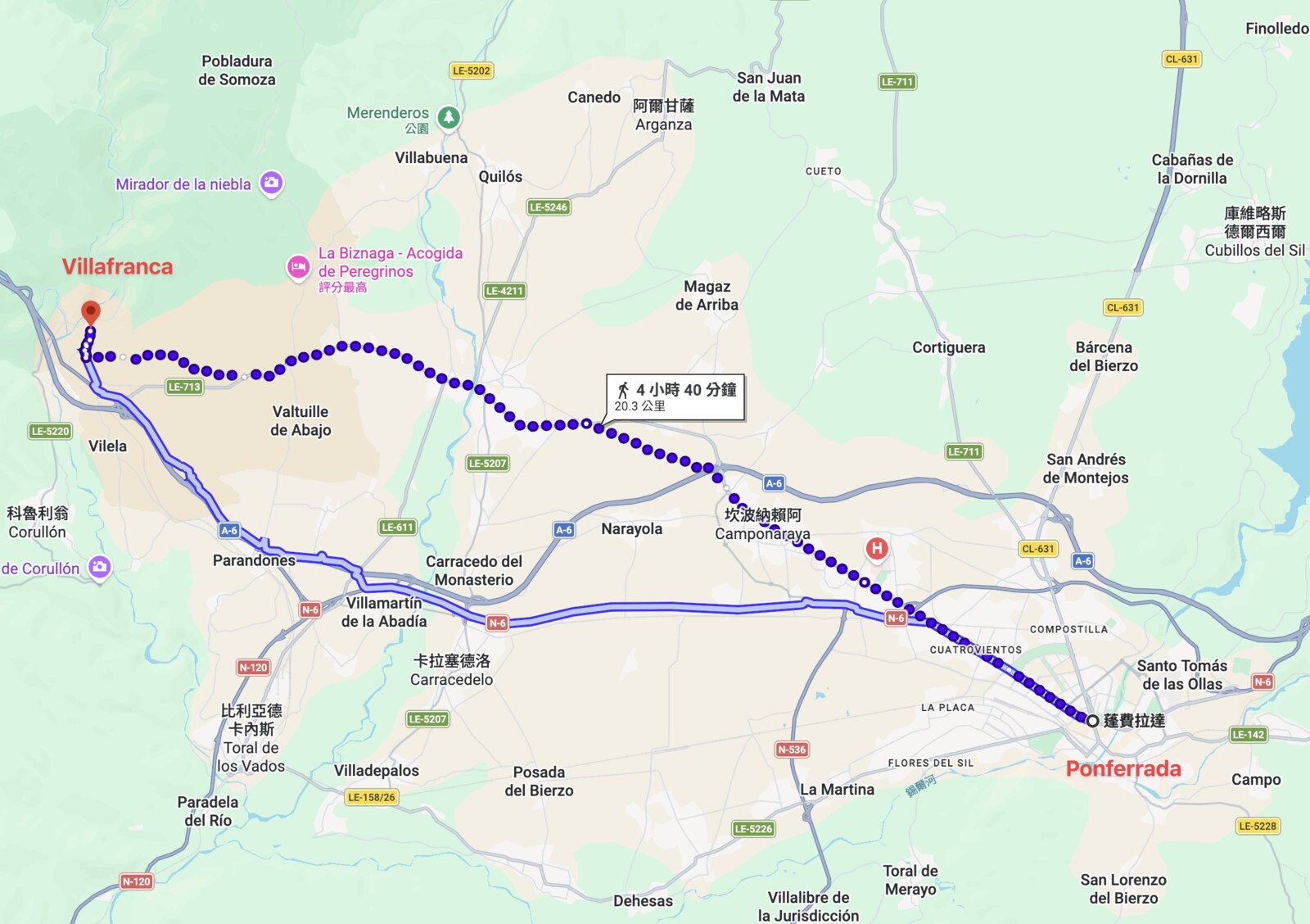 今天的路線:從右下角的 Ponferrada 往西北走,穿過 Camponaraya 一帶的葡萄園,終點是左上角的 Villafranca del Bierzo。